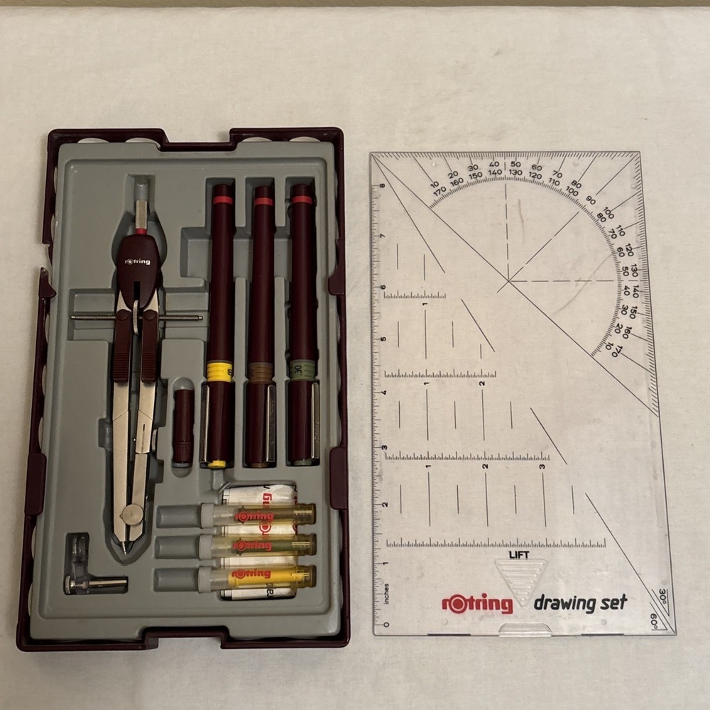 Rotring Drawing Set Engineering Drafting Kit Compass Technical Pens W Germany
